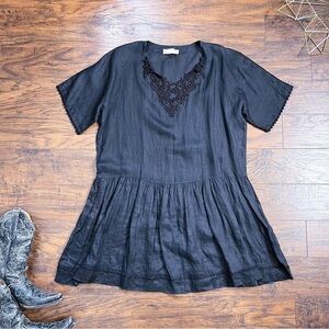Biya • Johnny Was vintage linen mini dress oversized tunic crochet lace ruffle
